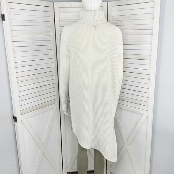 Express Ribbed Asymmetrical Hem Split Side Long Sweater Cream Large Turtle Neck - Picture 5 of 14